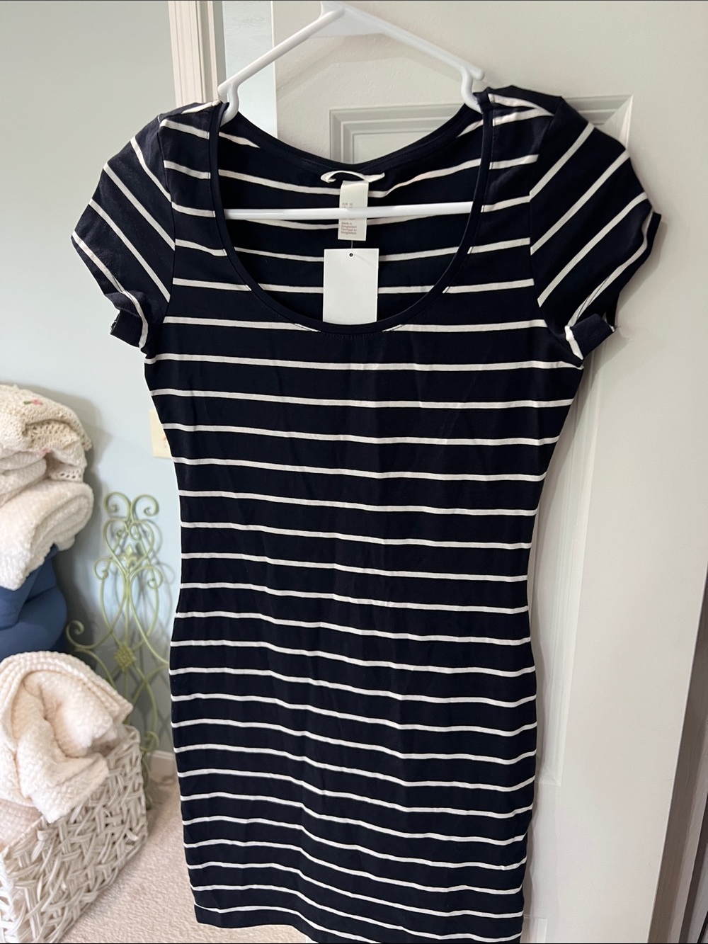 H&M Navy and White Striped Scoop Neck Tee Dress